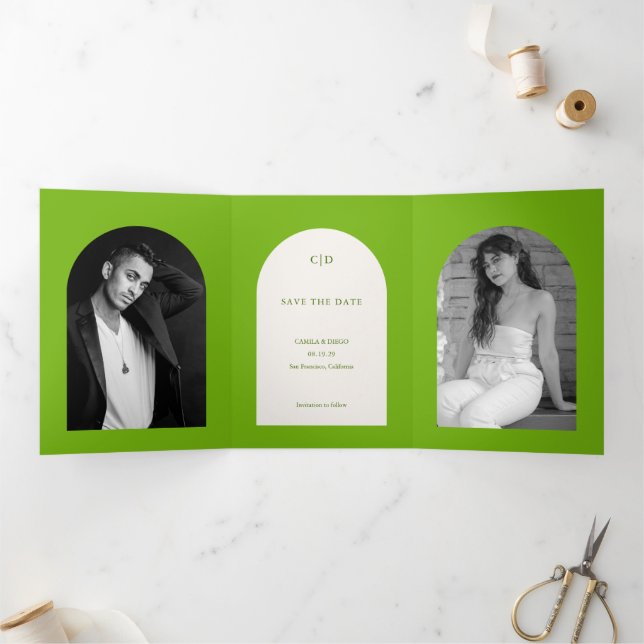 Camila Green Arch Modern Wedding Save the Date Tri-Fold Announcement (Inside)