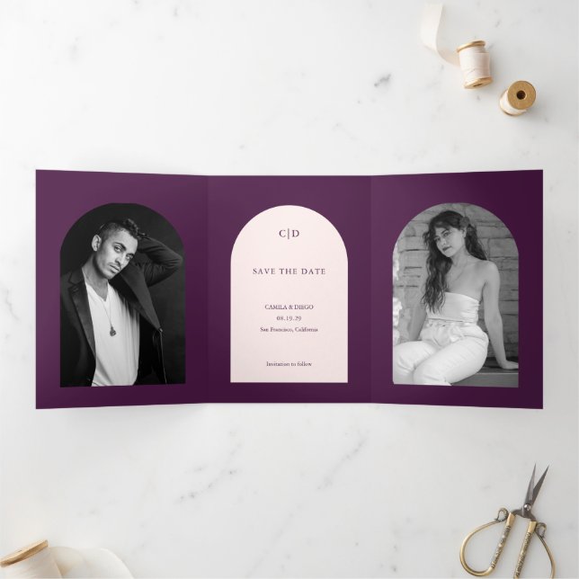 Camila Purple Arch Modern Wedding Save the Date Tri-Fold Announcement (Inside)