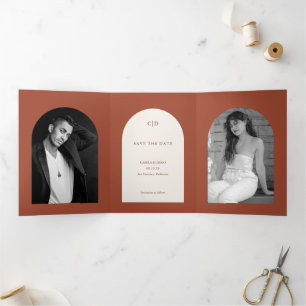 Camila Rust Arch Modern Wedding Save the Date Tri-Fold Announcement