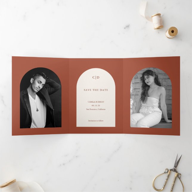 Camila Rust Arch Modern Wedding Save the Date Tri-Fold Announcement (Inside)