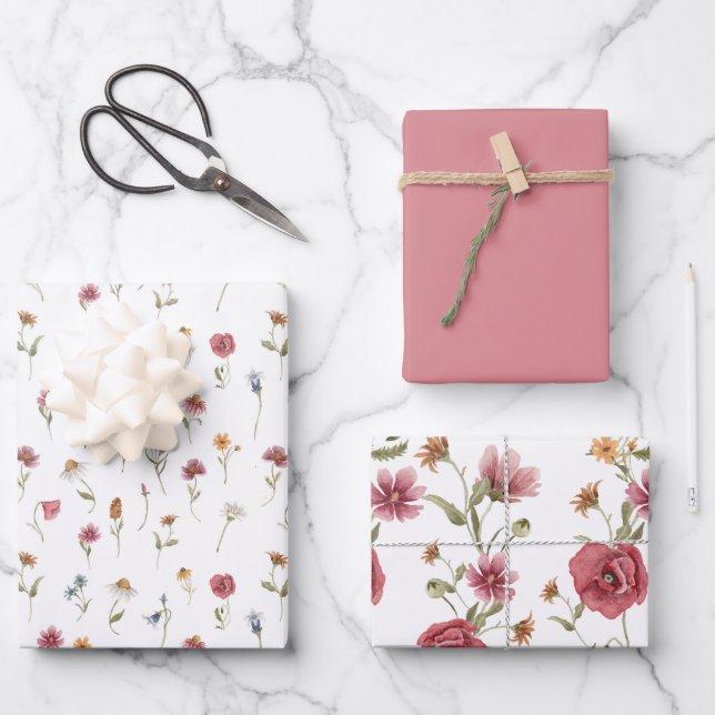 CAMILLA Dusty Pink Spring Wildflower Floral Wrapping Paper Sheets (Front)
