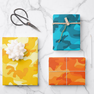 Camo Adventure Pink Yellow Blue Orange Fun Wrapping Paper Sheets