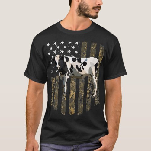 Camo American Flag Black White Cow 4th Of July Far T_Shirt