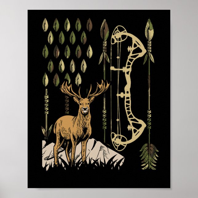 Camo American Flag Bowhunting Bow Archery Deer Poster (Front)