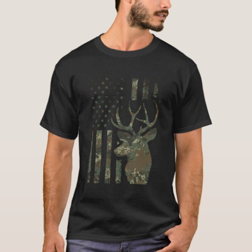 Camo American Flag Buck Hunting For Elk Deer Hunte T_Shirt
