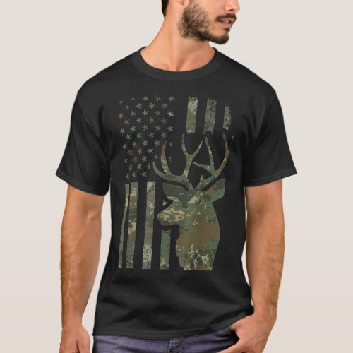 Camo American Flag Buck Hunting Gift Deer Hunter C T_Shirt