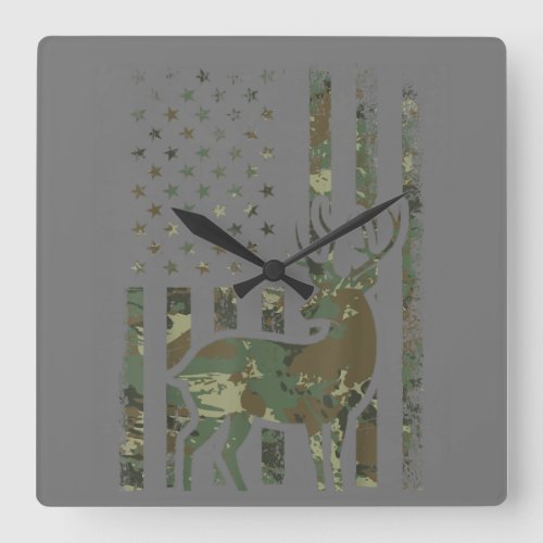 Camo American Flag Buck Hunting Gift Deer Hunter Square Wall Clock