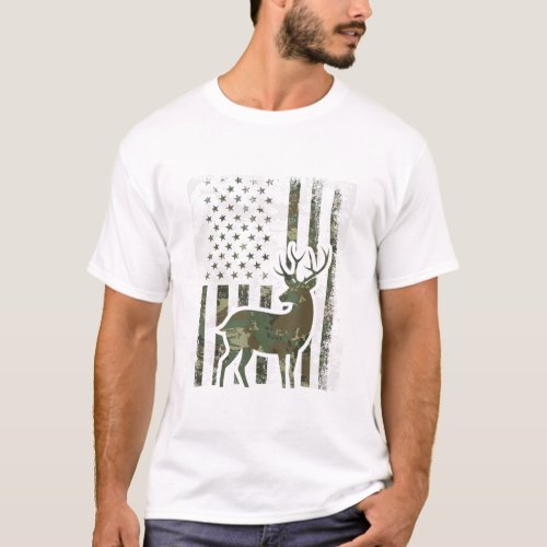 Camo American Flag Buck Hunting Gift Deer Hunter T_Shirt