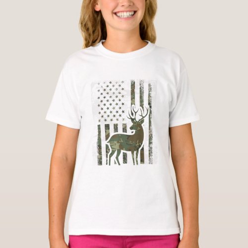 Camo American Flag Buck Hunting Gift Deer Hunter T_Shirt