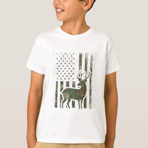 Camo American Flag Buck Hunting Gift Deer Hunter T_Shirt
