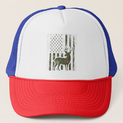 Camo American Flag Buck Hunting Gift Deer Hunter Trucker Hat