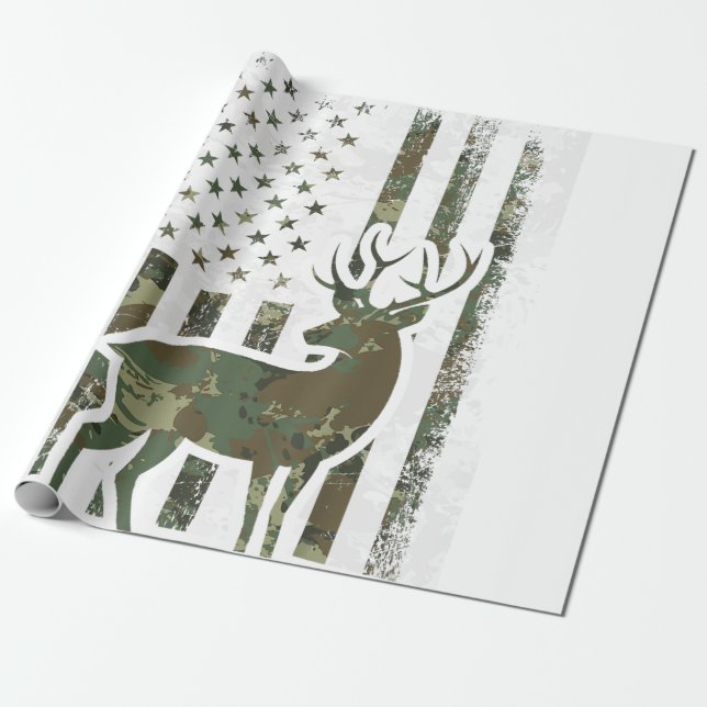 Camo American Flag Buck Hunting Gift Deer Hunter Wrapping Paper (Unrolled)