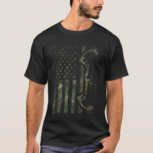 Camo American Flag Buck Hunting Gift Recurve Bow H T_Shirt