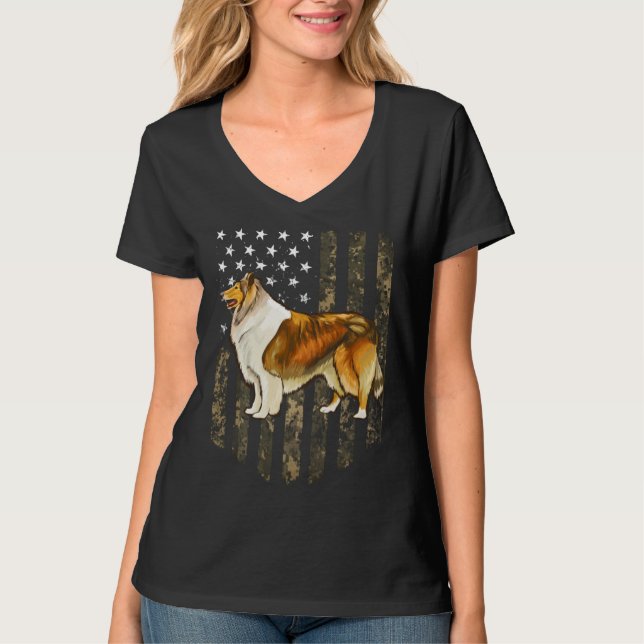Camo American Flag Collie 4th Of July USA T-Shirt (Front)