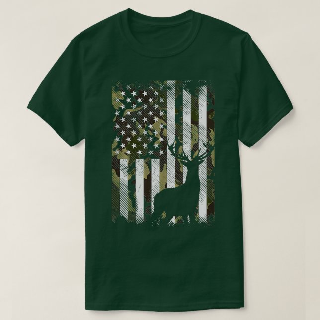 Camo American Flag Deer Elk Buck Hunting USA Hunte T-Shirt (Design Front)
