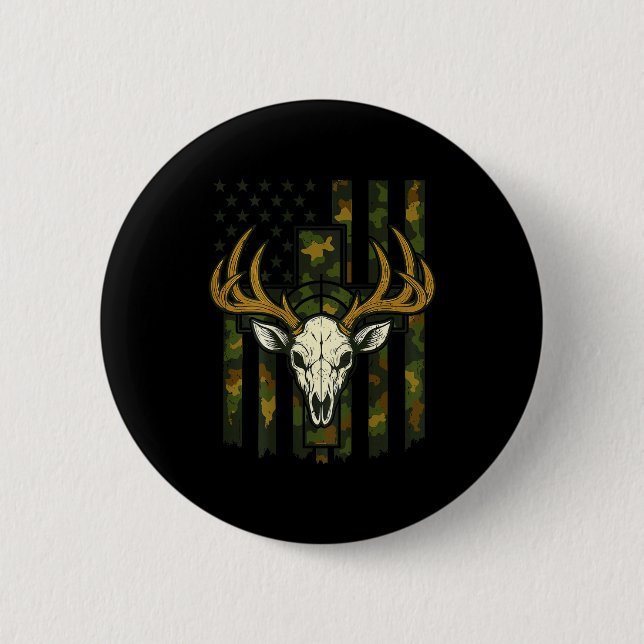 Camo American Flag Elk Skull Deer Hunting Youth Bo Button (Front)