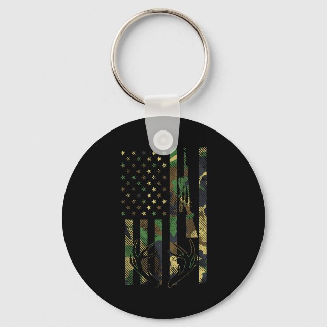 Camo American Flag Rifle Antler Deer Hunting Gun H Keychain (Front)