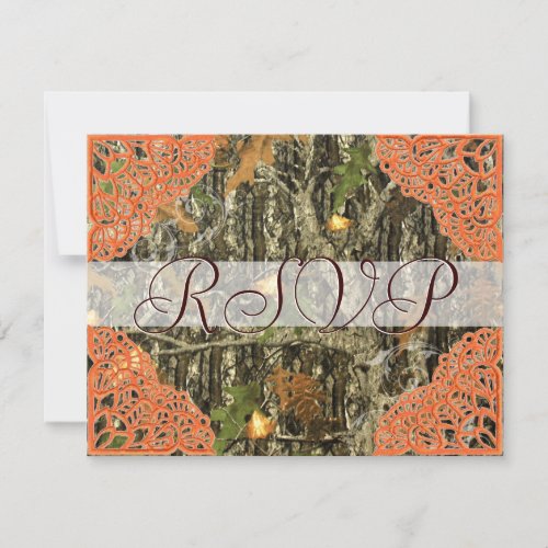 Camo and Antique Orange Lace Wedding RSVP Invitation