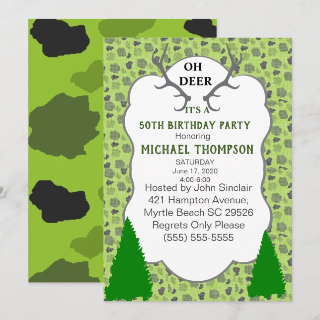 Camo and Deer Antlers 50th Birthday Party Invitation (Front/Back)