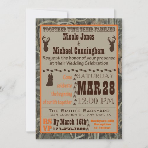 Camo and Hunting Burnt Orange Wedding Invitation