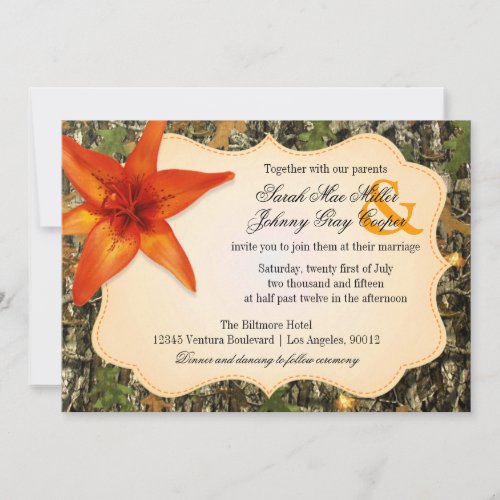 Camo and Orange Lily Wedding Invitation