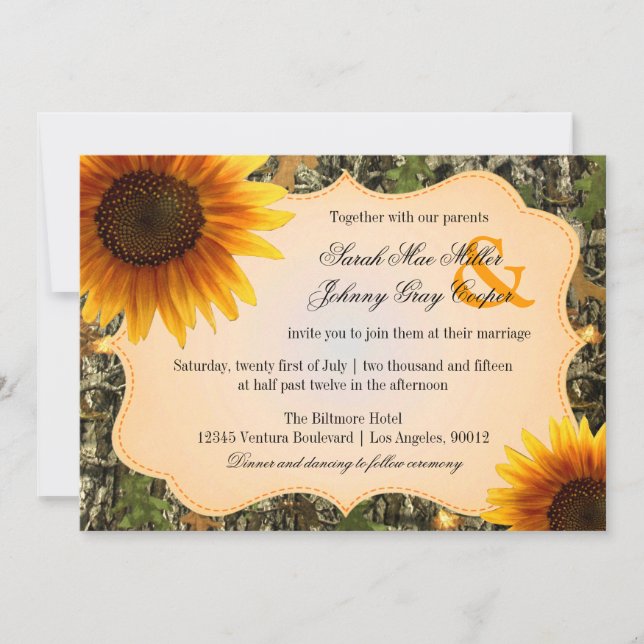 Camo and Orange Sunflower Wedding Invitation (Front)