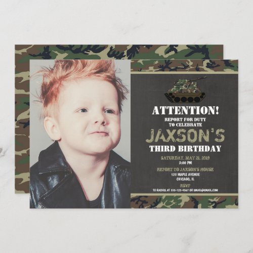 Camo Army tank Camouflage birthday photo Invitation