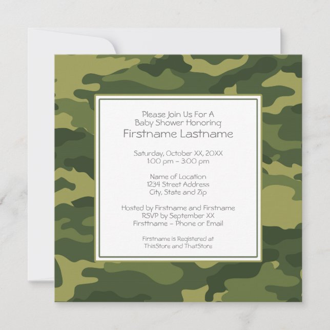 Camo Baby Shower or Party Invitation (Front)