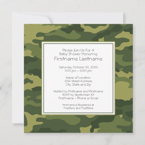 Camo Baby Shower or Party Invitations