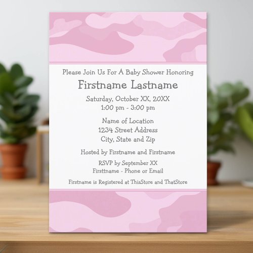 Camo Baby Shower or Party - light pink Personalized Announcements
