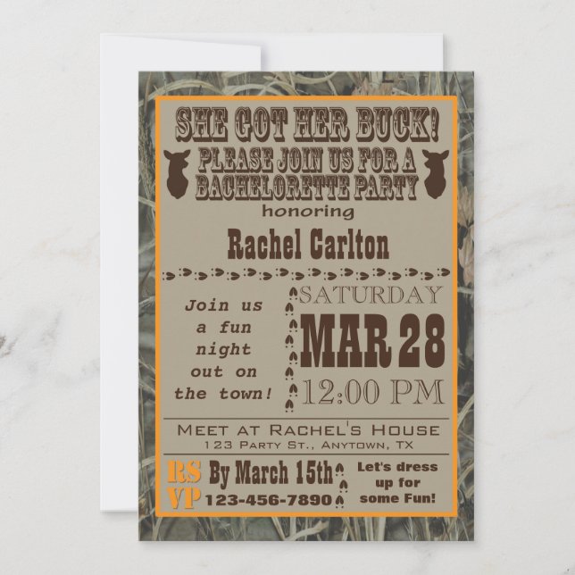 Camo Bachelorette Party Invitation Orange (Front)
