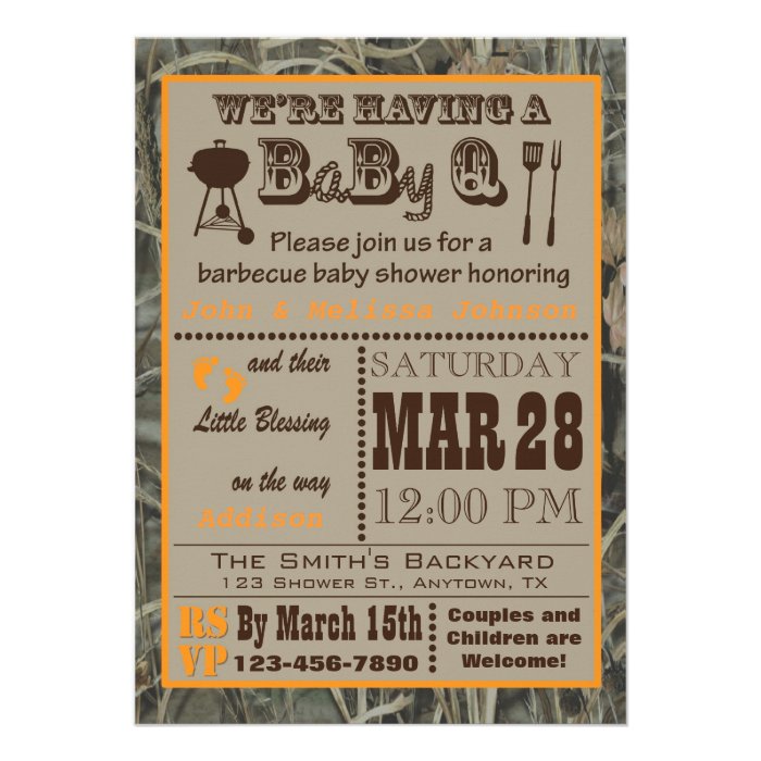 Camo Barbecue BabyQ Baby Shower Custom Announcement