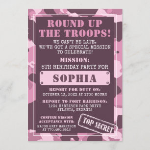 Camo Birthday Party Invitation, Army, Mission Invitation