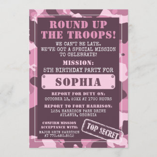 Camo Birthday Party Invitation, Army, Mission Invitation