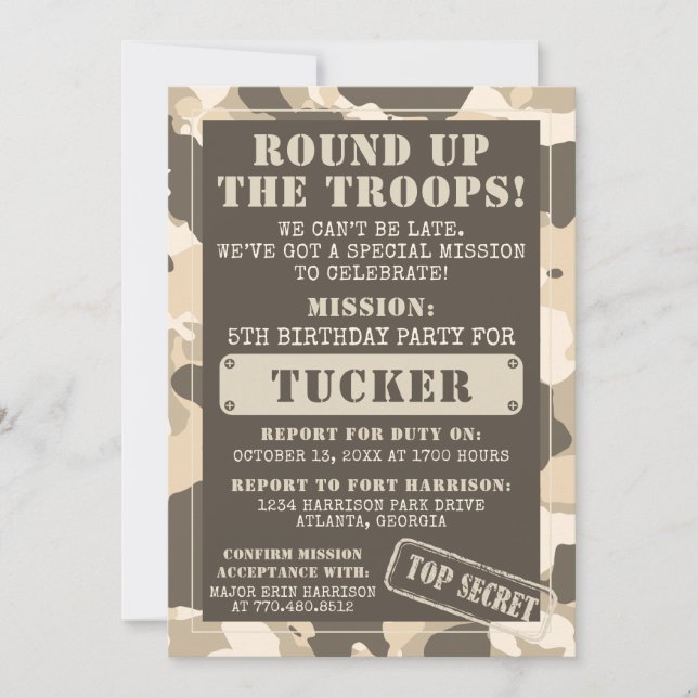 Camo Birthday Party Invitation, Army, Mission Invitation (Front)