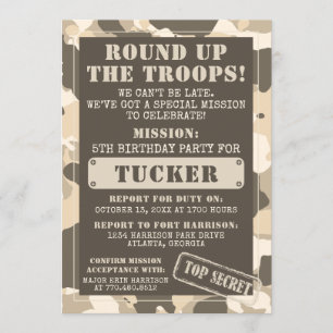 Camo Birthday Party Invitation, Army, Mission Invitation
