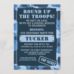 Camo Birthday Party Invitation, Army, Mission Invitation
