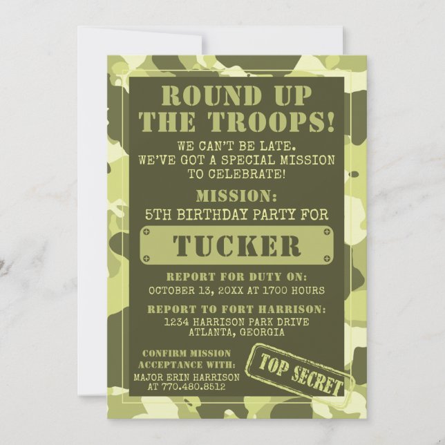 Camo Birthday Party Invitation, Army, Mission Invitation (Front)