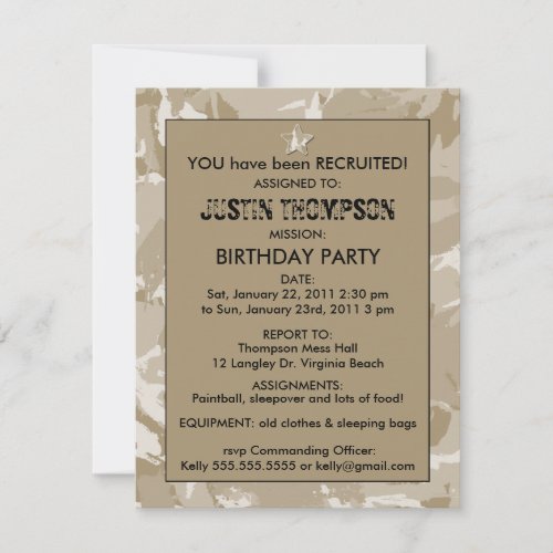 Camo Birthday Party Invititation Personalized Invitation