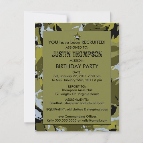 Camo Birthday Party Invititation Custom Invite