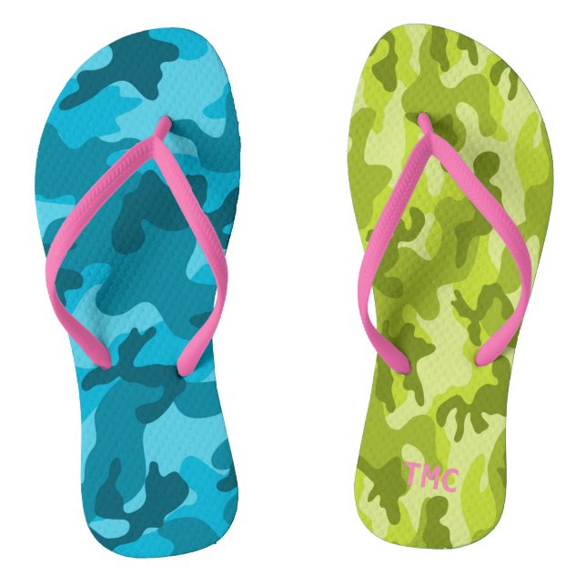 Camo Blue Green Pink Monogram INITIALS Summer Fun Flip Flops (Footbed)