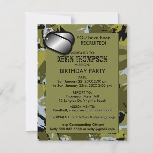 Camo Boy's Birthday Party Invititation Custom Announcement