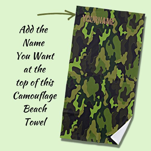 Camo Camouflage _ Add Your Name _ Green  Grey Beach Towel