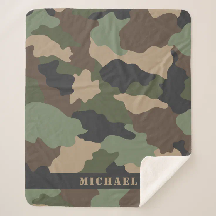 Camo Camouflage Military Khaki Green Tan Monogram Sherpa Blanket Zazzle