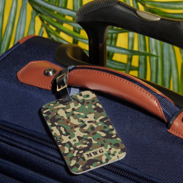 Camo camouflage pattern monogram initials luggage tag (Front Insitu 1)