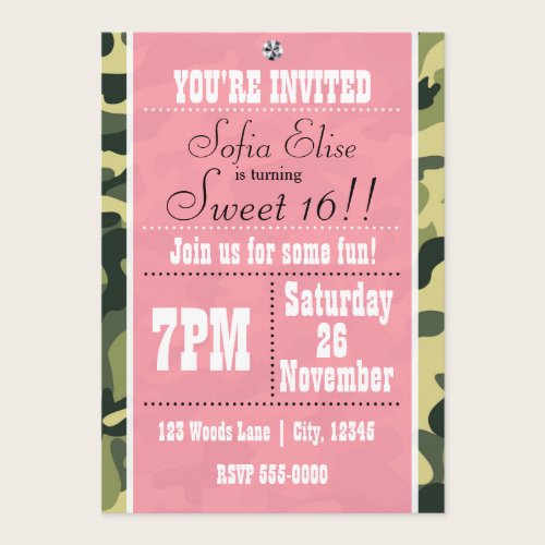 Camo Camouflage &  Pink Birthday Party Invitation