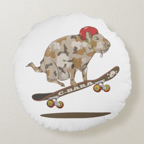 Camo Capybara Skateboarding Round Pillow