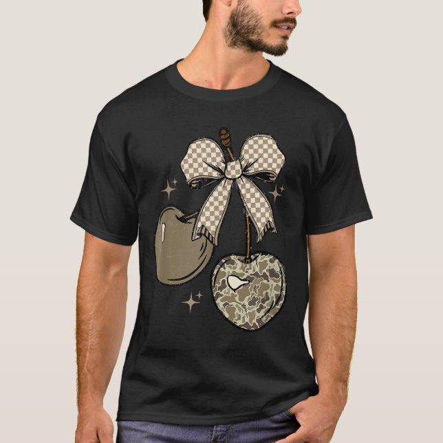 Camo Checkered Cherry Bow, Hunting,checkered Patte T-Shirt (Front)