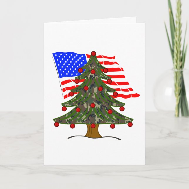Camo Christmas Tree With American Flag Holiday Card (Front)