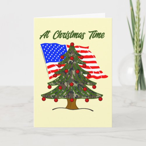 Camo Christmas Tree With American Flag Holiday Card
